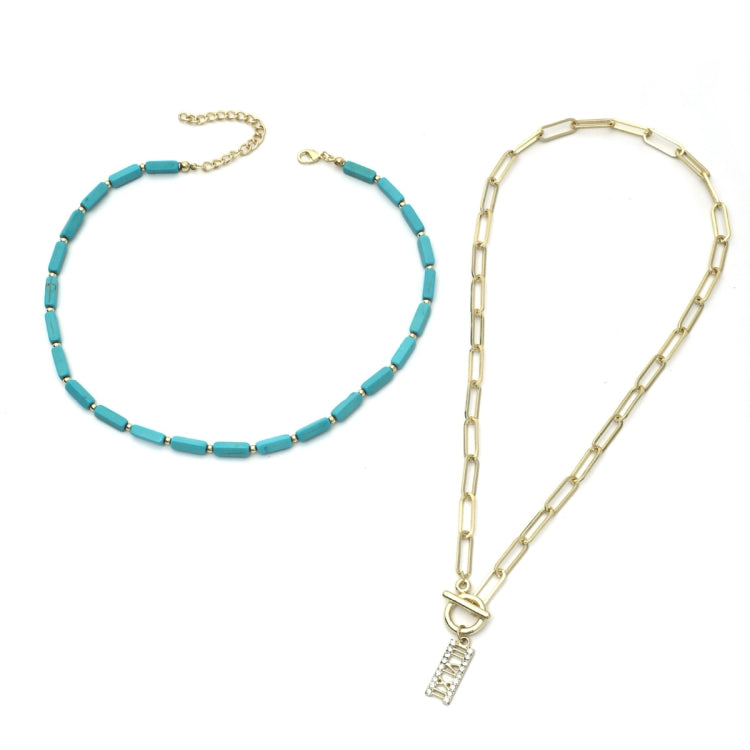 Two-piece turquoise bead and gold-tone necklace set with rectangular charm pendants