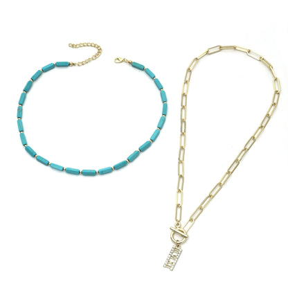 Two-piece turquoise bead and gold-tone necklace set with rectangular charm pendants