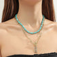 Turquoise bead layered necklace set with gold-tone links and square pendant charm
