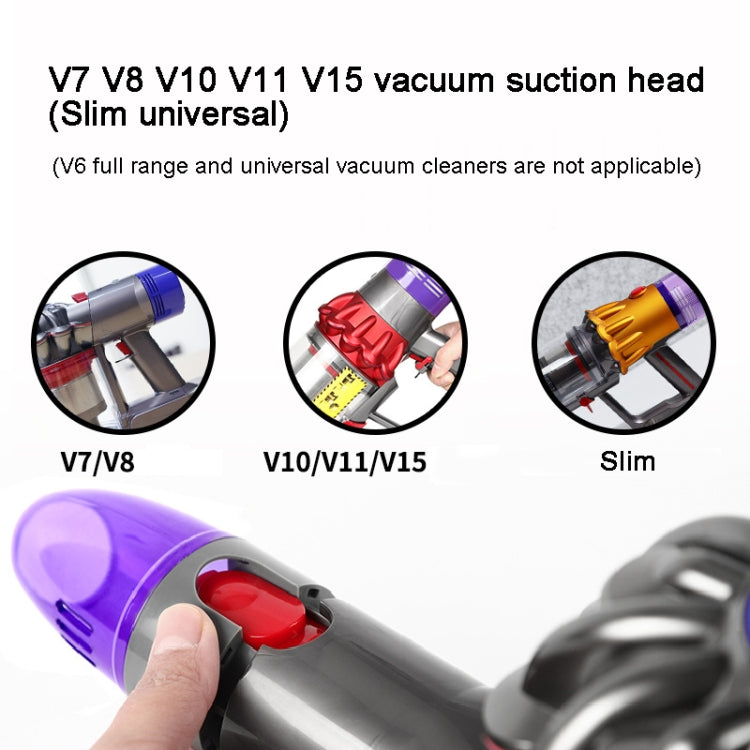 Gray vacuum suction head with purple canister and red intake window, handheld view