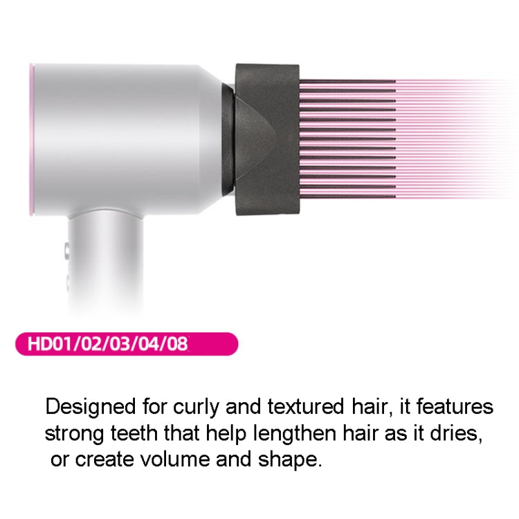 Wide tooth comb nozzle attachment in profile with pink and black tip ring