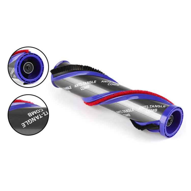 Anti-tangle vacuum brush bar roller, purple end cap, red side bristles, black brush