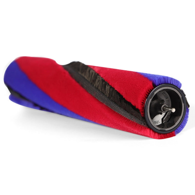 Soft velvet suction brush head angled view with red/blue roller and front drive wheel