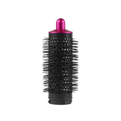 Rose-red cylinder comb hair dryer attachment with black bristles and vented barrel