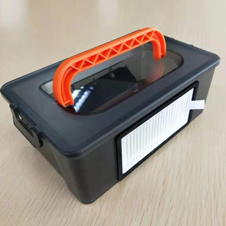 Water tank dust box with orange grip, dark gray housing and side filter panel