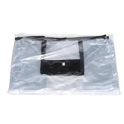 Transparent PVC trolley suitcase dust cover with black top opening, in clear plastic