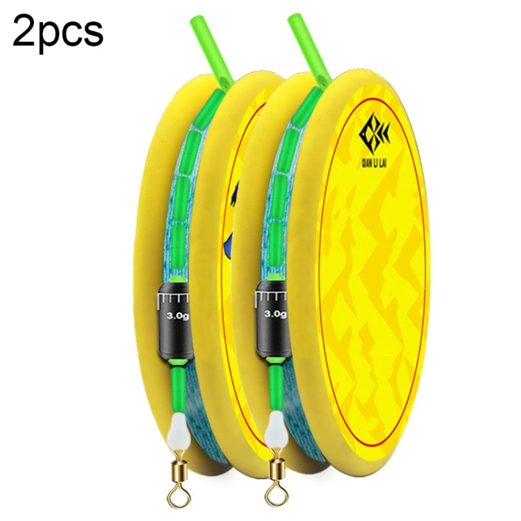 Fishing line spool set with two yellow spools, green supports, and hook hardware