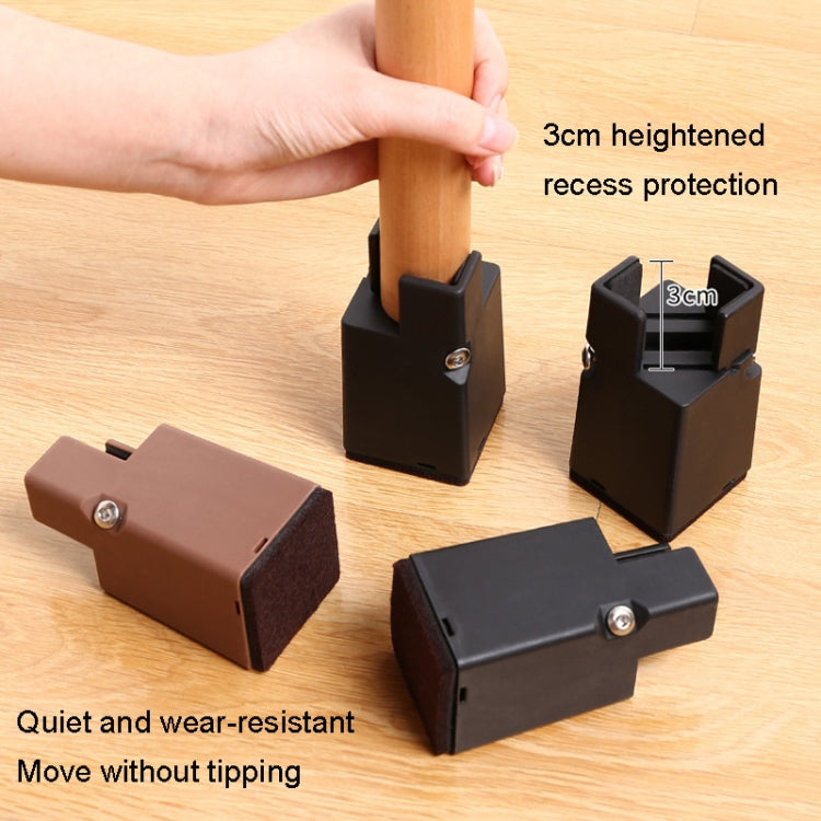 Adjustable clip height feet with anti-slip base, brown and black pieces on wood