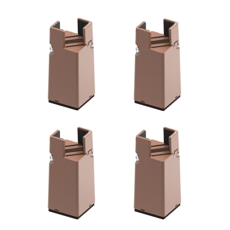 4-pack adjustable furniture heightening clip feet, brown, angled view with base pads