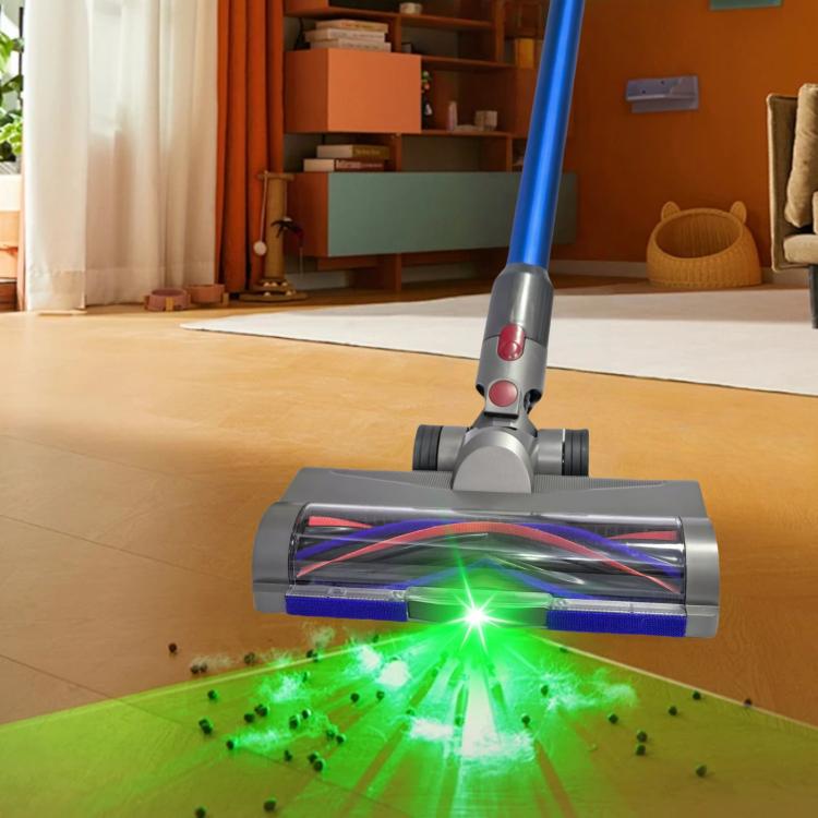 Vacuum roller brush head with green LED dust light illuminating debris