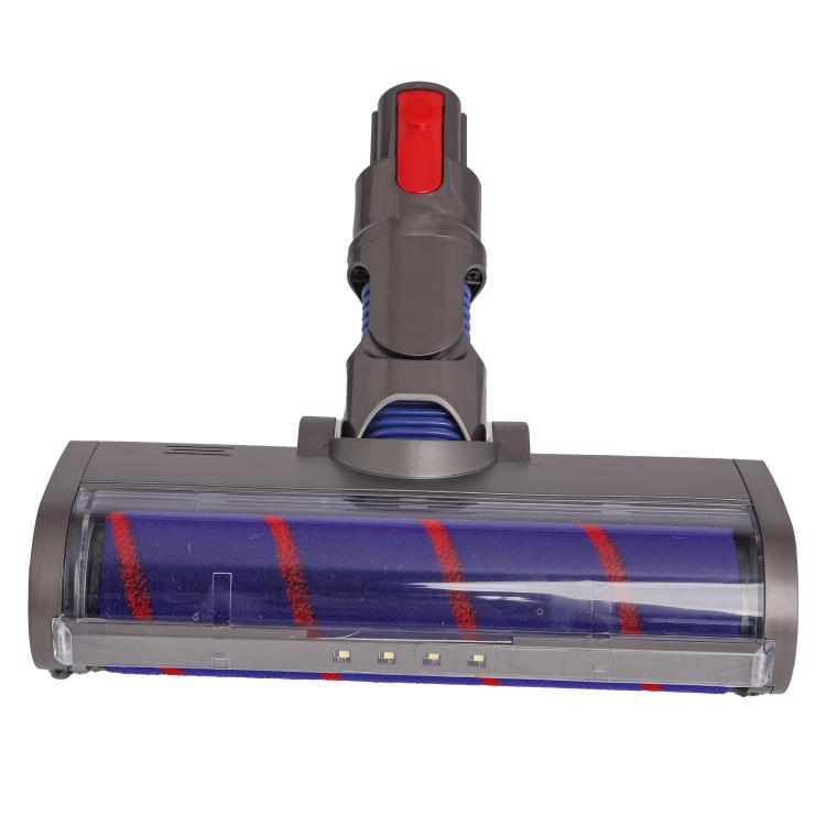 Soft velvet brush vacuum head with blue roller and red latch, gray housing