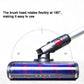 Soft velvet brush vacuum head attached to vacuum handle, blue roller and red switch