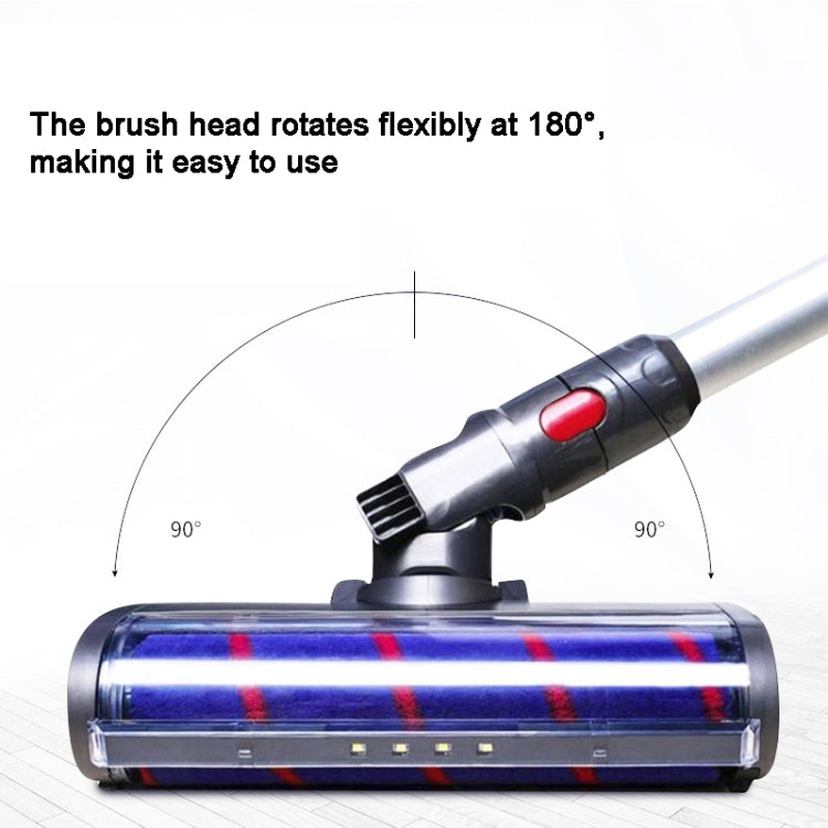 Soft velvet brush vacuum head attached to vacuum handle, blue roller and red switch