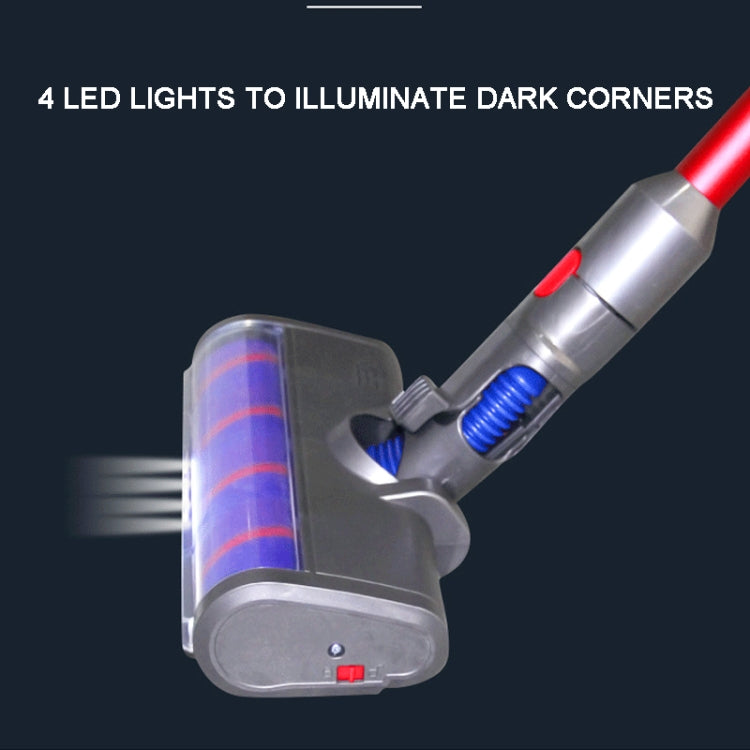 Soft velvet brush vacuum head with LED-lit nozzle area and blue roller, gray body