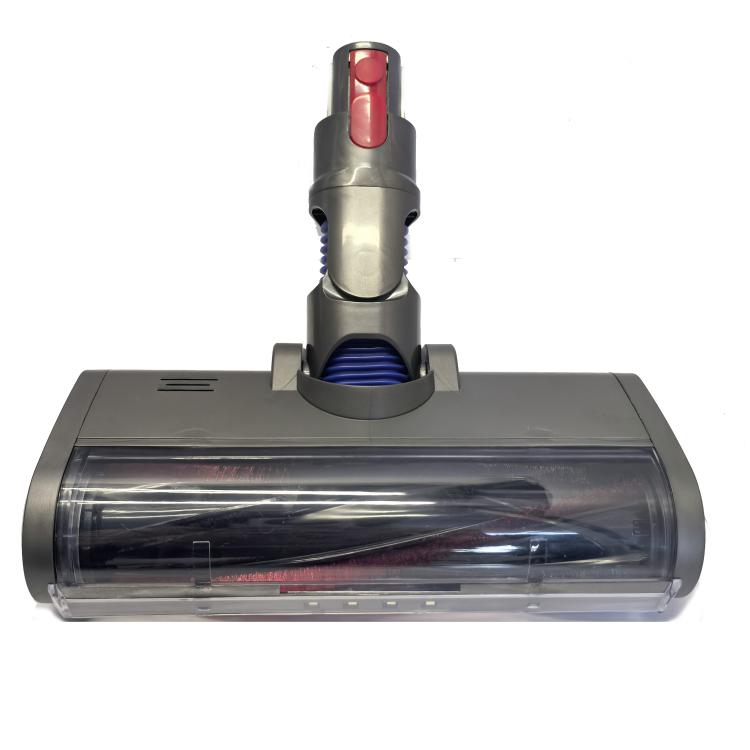 Soft velvet brush vacuum head with blue roller inside clear window, gray body