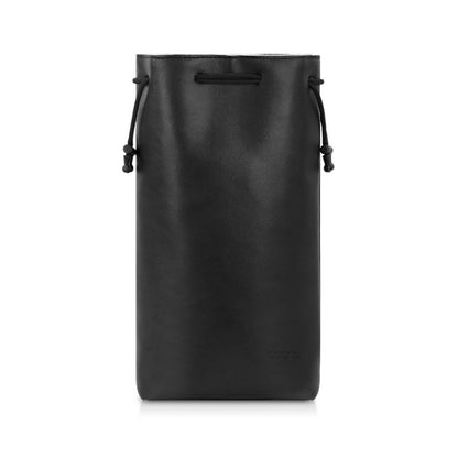 Black PU storage bag with drawstring sides and top handle for hair dryer accessories.