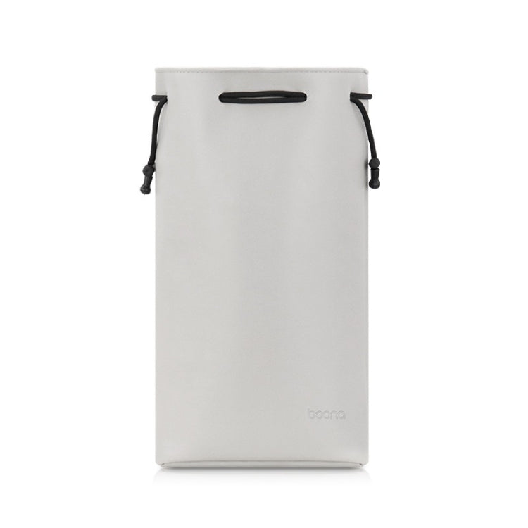 Light gray PU storage bag with drawstring sides and top handle for hair dryer accessories.