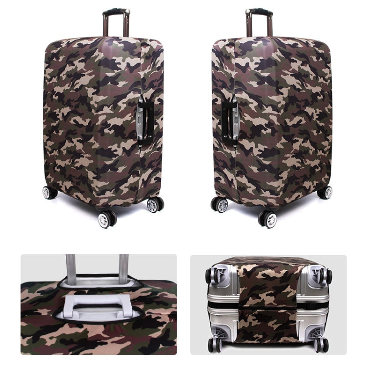 Brown camouflage dustproof suitcase cover on wheeled upright bag with zipper and handle