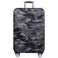 Gray digital camo rolling suitcase cover with top handle opening and wheel cutouts