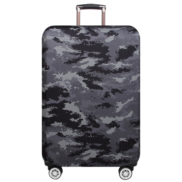 Gray digital camo rolling suitcase cover with top handle opening and wheel cutouts
