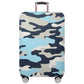Blue camouflage rolling suitcase cover with top handle opening and wheel cutouts