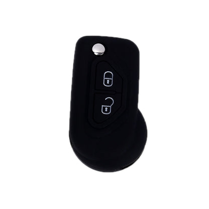 Black silicone car key fob protector with raised lock/unlock button cutouts.