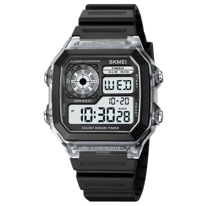 SKMEI digital sports watch with black strap and clear front display