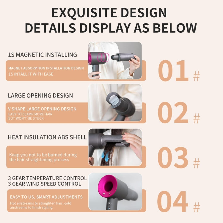 Straight nozzle attachment on hair dryer, showing vented shell and magnetic mount