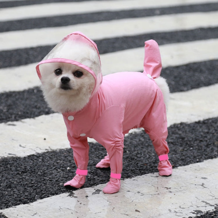 Pink hooded waterproof four-leg pet raincoat with full-body cover.