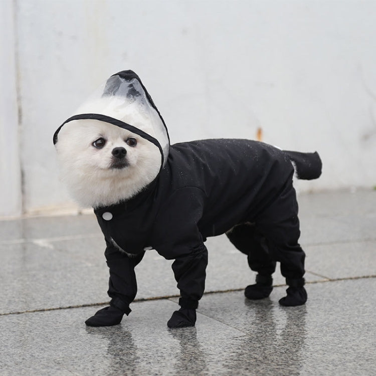 Black hooded waterproof four-leg pet raincoat with full-body cover.
