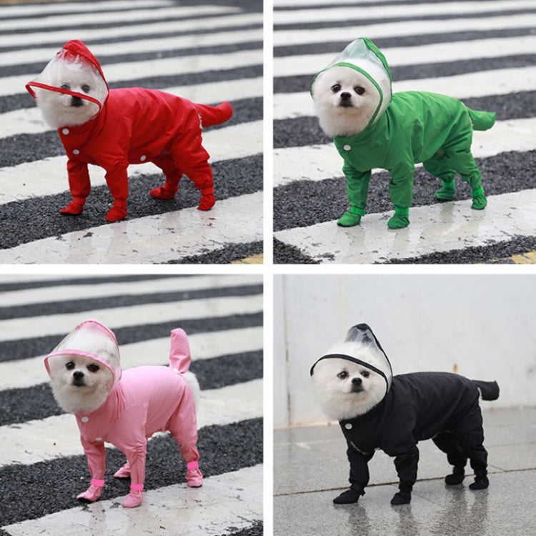 Four views of pets wearing red, green, pink, and black hooded raincoats
