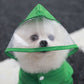 Close-up of green hooded pet raincoat with snap closure at chest
