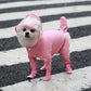 Pink hooded waterproof four-leg pet raincoat with full-body cover.