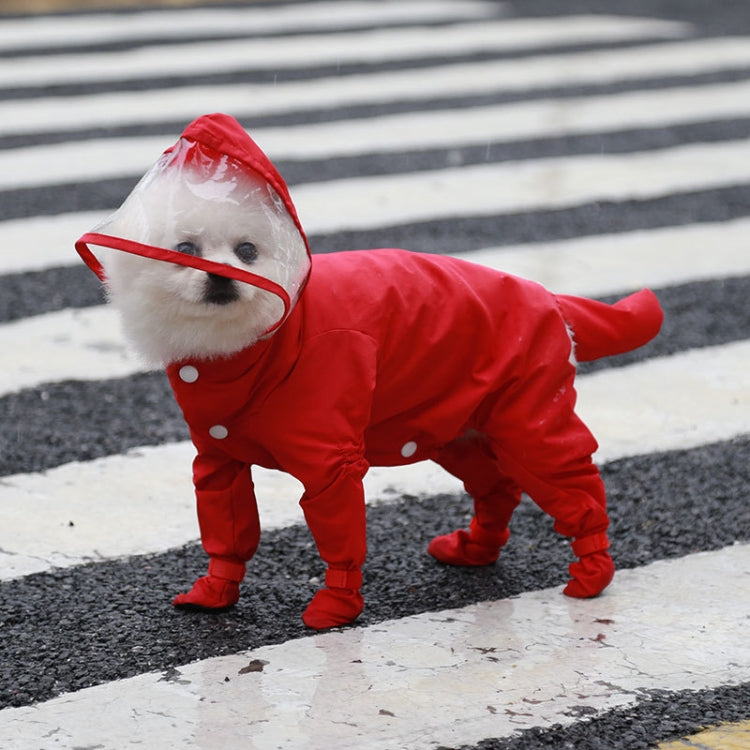 Red hooded waterproof four-leg pet raincoat with full-body cover.