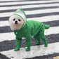 Green four-leg pet raincoat with hood and covered paws for outdoor rain