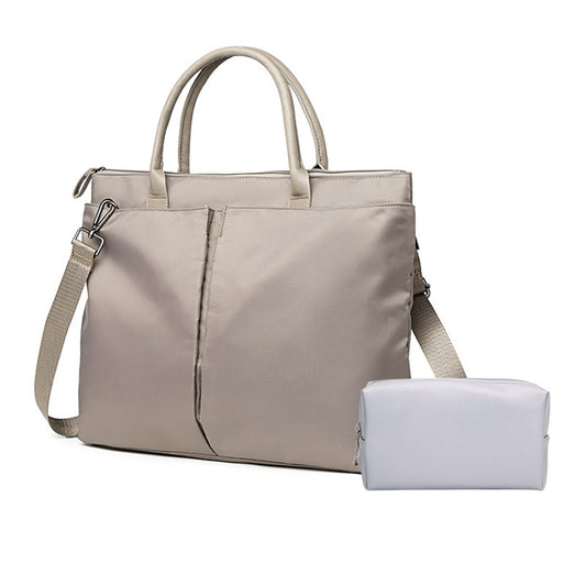 Light khaki laptop tote with shoulder strap and matching small zipper pouch