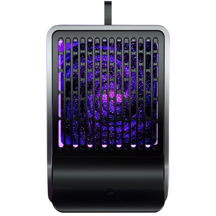 Wall-mounted electric mosquito killer lamp in black and silver housing with purple light