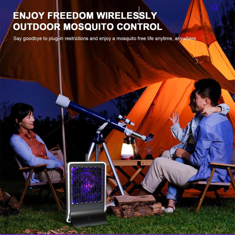 Mosquito killer lamp outdoors with purple-lit front grille and hanging cord