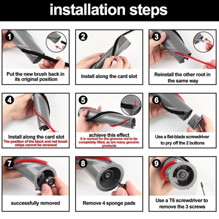 Installation steps diagram for replacing felt strips on a vacuum brush bar