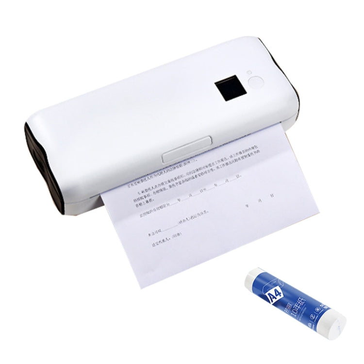 White wireless thermal printer with A4 paper roll and printed test page