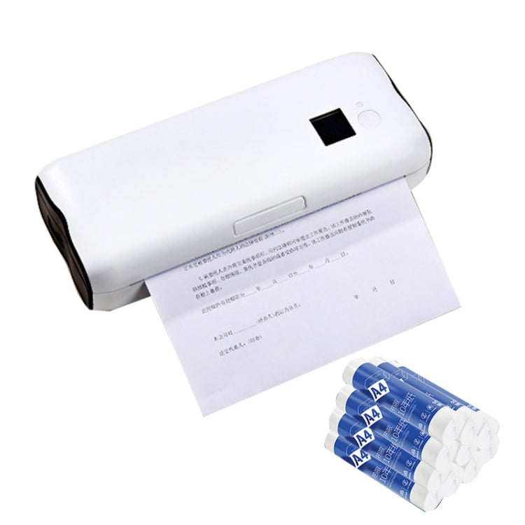 White wireless thermal printer with A4 paper roll and stacked included A4 paper rolls