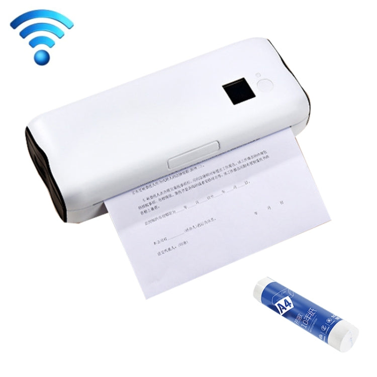 White wireless thermal printer with WiFi icon and A4 paper roll