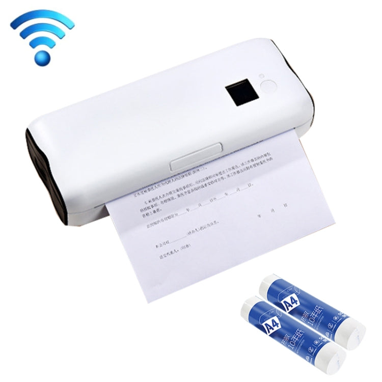 White wireless thermal printer with WiFi icon and two included A4 paper rolls