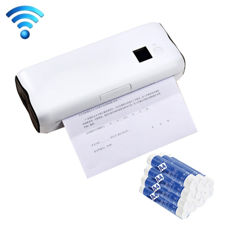 White wireless thermal printer with WiFi icon and stacked included A4 paper rolls