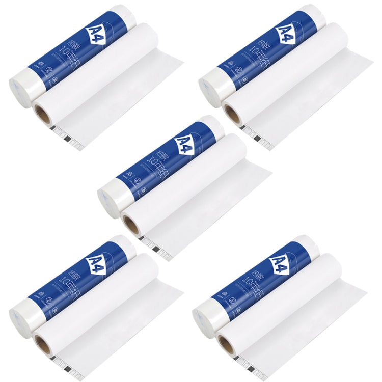 Multiple A4 thermal paper rolls with blue label and cut strip