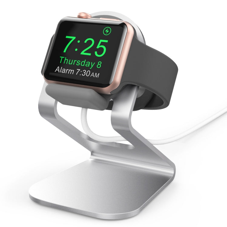 Silver Apple Watch aluminum stand with angled cradle and upright charging dock