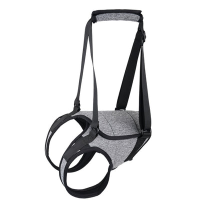 Dog hind-leg lifting harness with gray fabric pad and black support straps