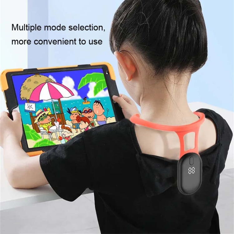 Orange-and-black neck posture corrector worn by child, arm and tablet view