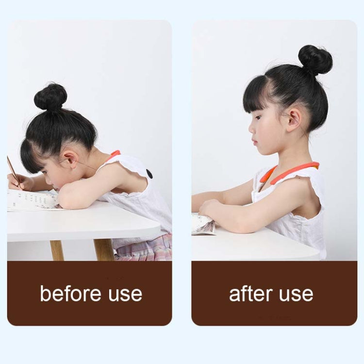 Child wearing neck posture corrector, before and after side-by-side view