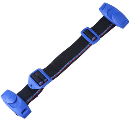 Blue car seat belt adjuster strap with two locking clips on a black webbing belt